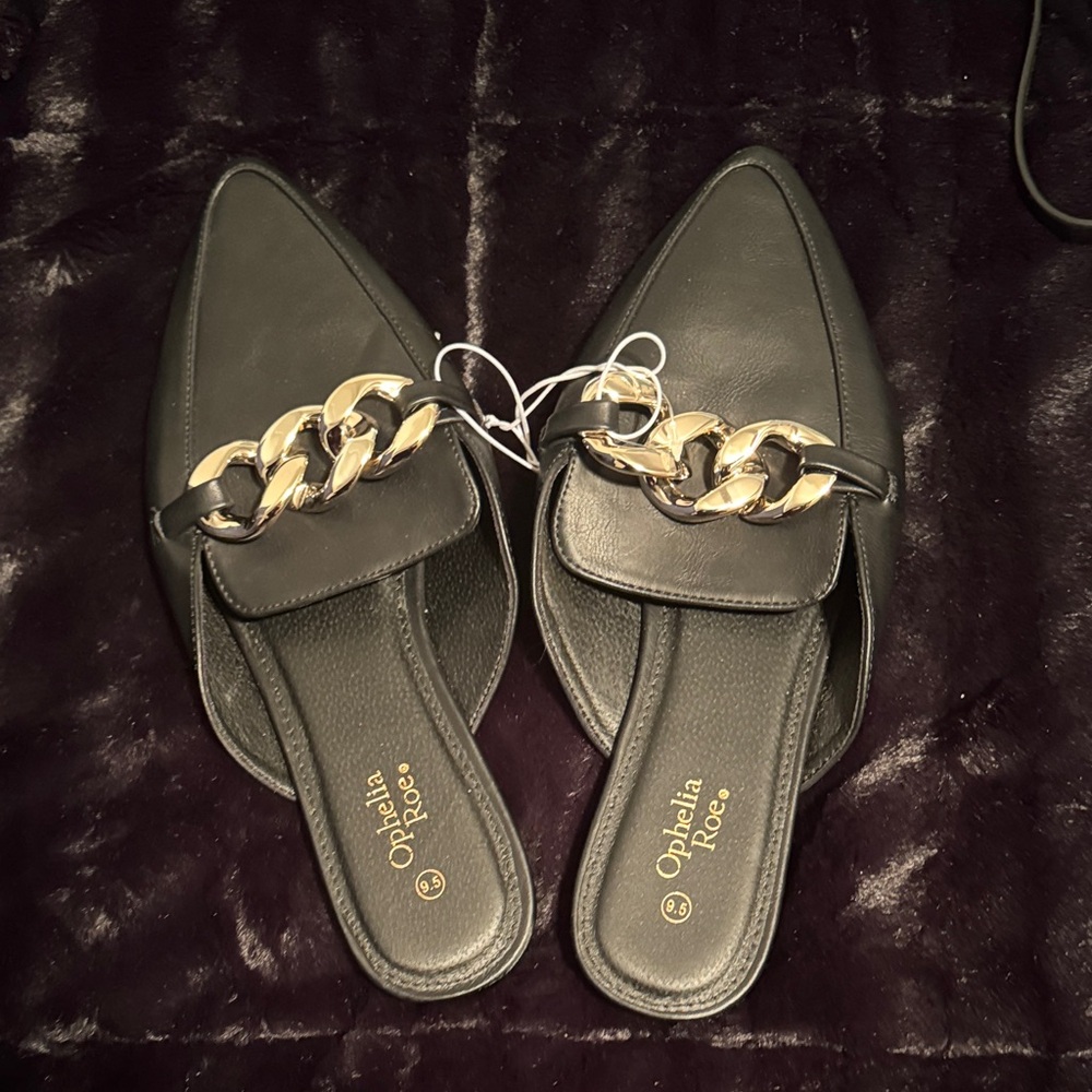 Ophelia & Rose Black Mules with Gold Chain